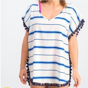 Soleil Linen Blend Blue White Striped Poncho Top with Pom Pom Tassels Coverup